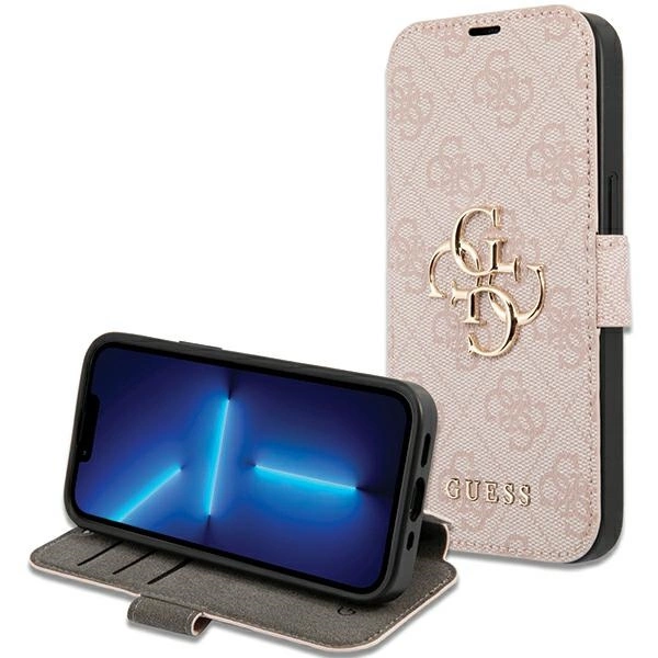 Apple iPhone 15 6.1" Guess 4G Metal Logo Book Case Cover, Pink