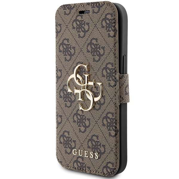 Apple iPhone 15 6.1\" Guess 4G Metal Logo Book Case Cover, Brown
