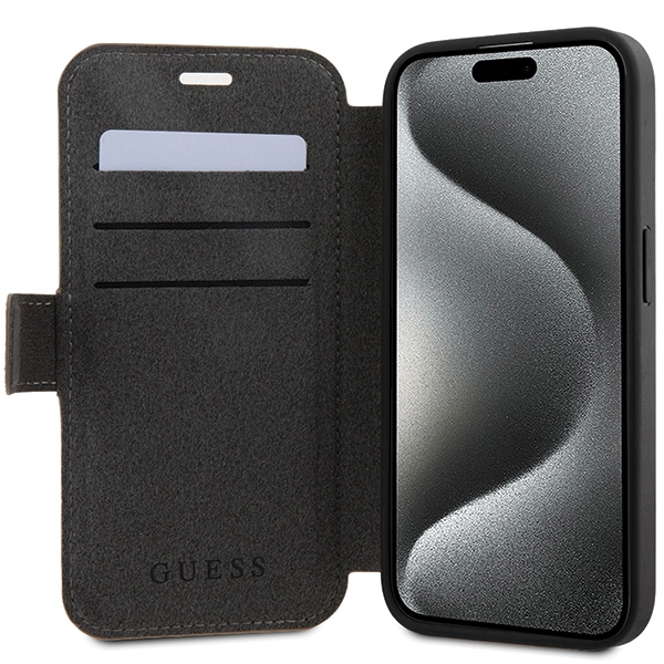 Apple iPhone 15 6.1\" Guess 4G Metal Logo Book Case Cover, Brown