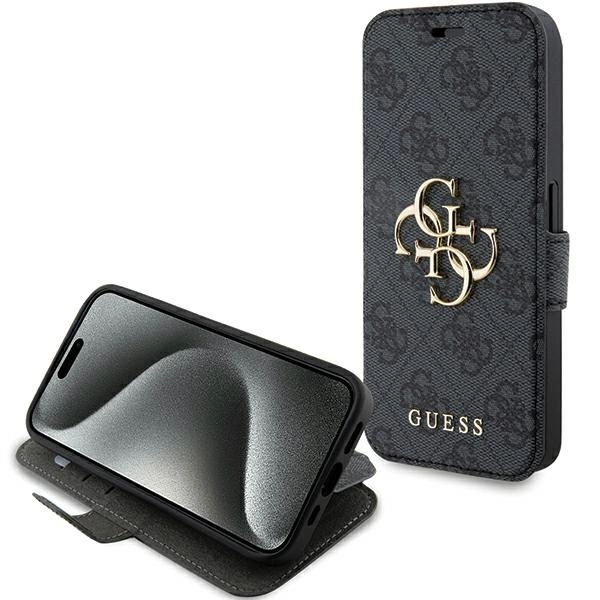 Guess iPhone 15 Pro atverams vāciņš maciņš grāmatiņa 4G Big Metal Logo, pelēks