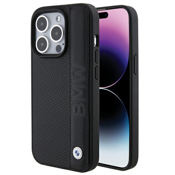 BMW iPhone 15 Pro vāciņš Leather Textured & Stripe, melns