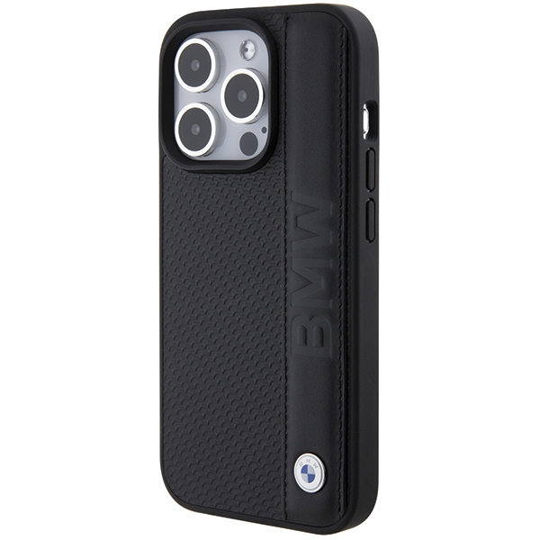 BMW iPhone 15 Pro vāciņš Leather Textured & Stripe, melns