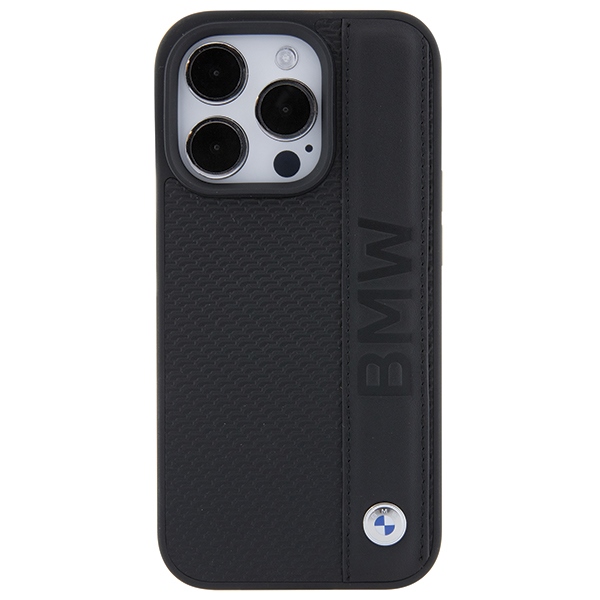 BMW iPhone 15 Pro vāciņš Leather Textured & Stripe, melns