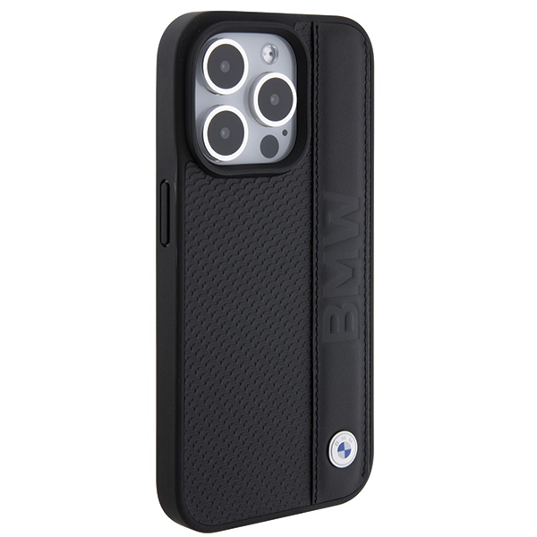 BMW iPhone 15 Pro vāciņš Leather Textured & Stripe, melns