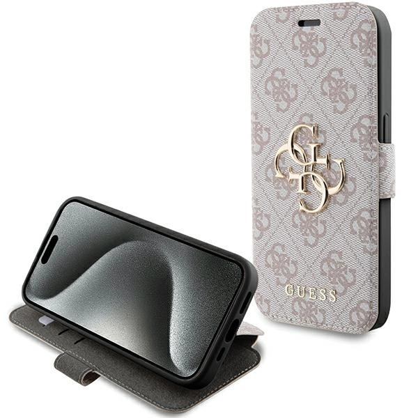 Apple iPhone 15 Pro 6.1" Guess 4G Metal Logo Book Case Cover, Pink