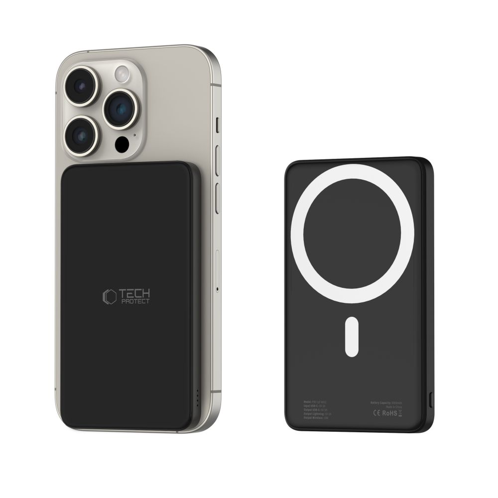 Tech-Protect LifeMag PB9 Powerbank ar MagSafe 5000mAh 15W USB-C / Lightning pieslēgvietām - melns + kabelis | with...