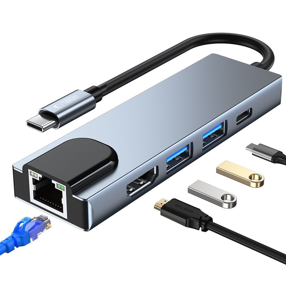 USB-C хаб Tech-Protect V3 5in1 с HDMI и RJ45, серый