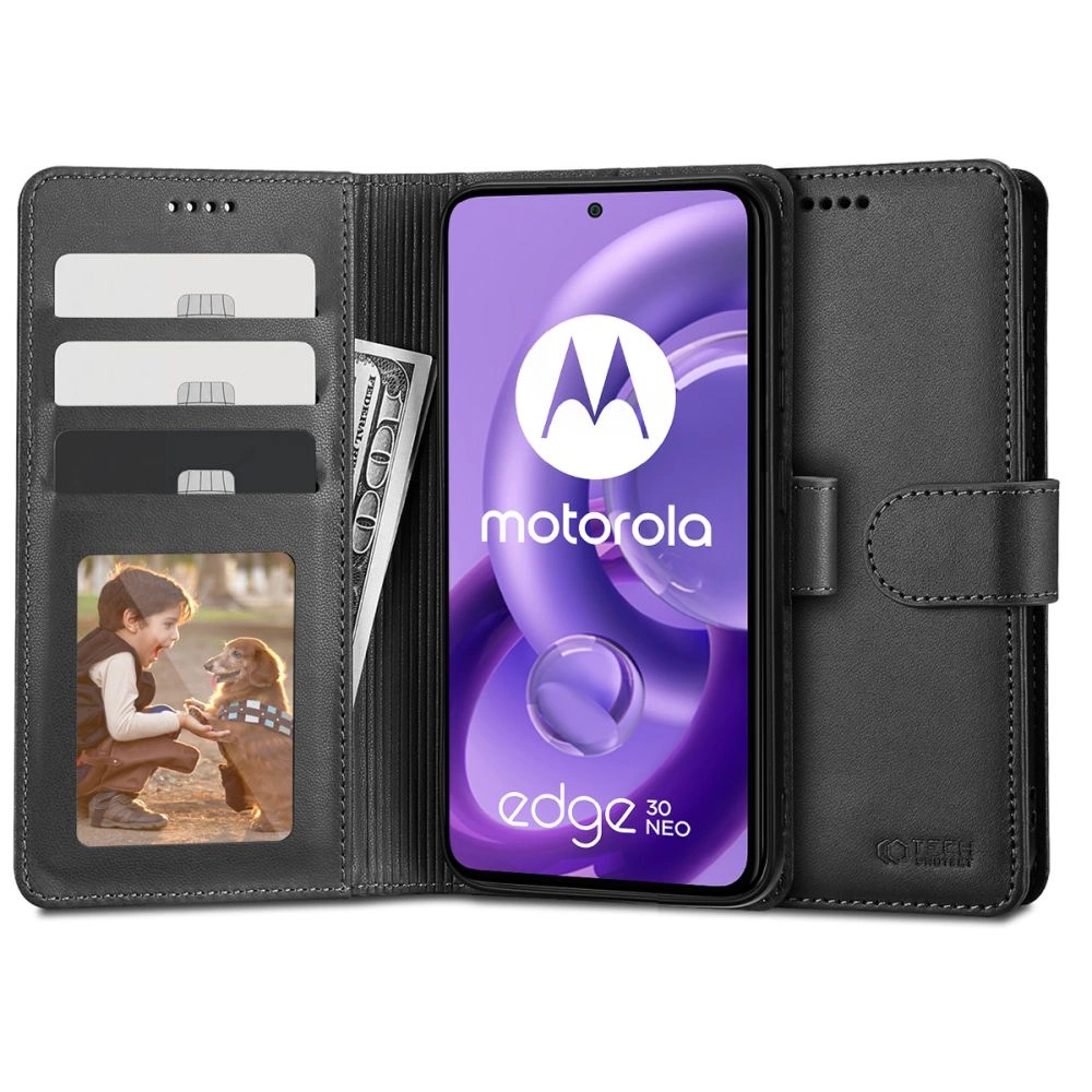 Motorola Edge 30 Neo Tech-Protect Wallet Book Case Cover, Black | Telefona Vāciņš Maciņš Apvalks Grāmatiņa