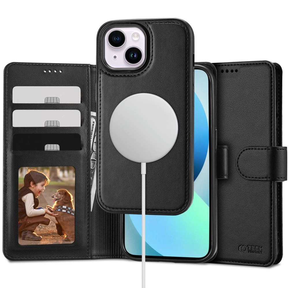 Tech-Protect iPhone 13 atverams vāciņš maciņš grāmatiņa Wallet MagSafe, melns