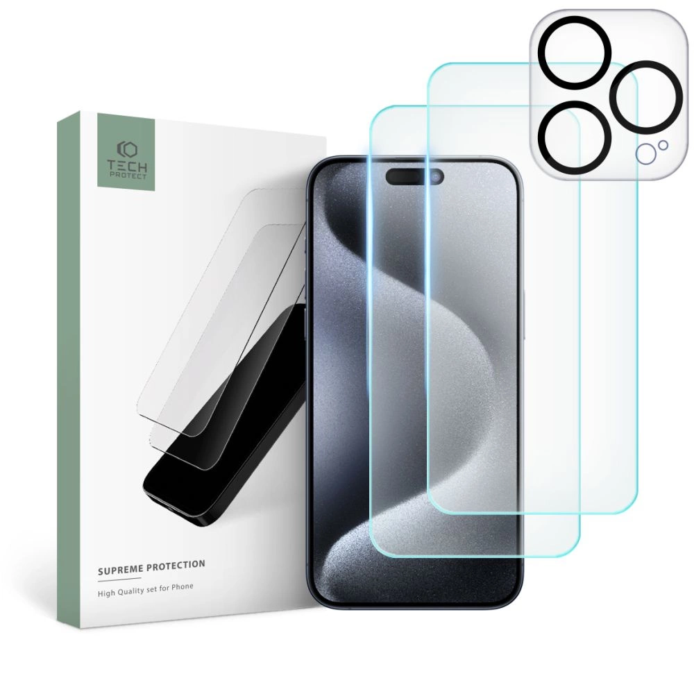 Apple iPhone 15 Pro 6.1'' Tech-Protect Supreme Tempered Glass 2x + Camera Glass | Ekrāna Aizsargstikls 2 gab. +...