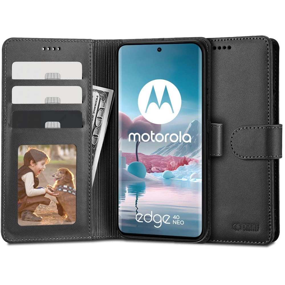 Motorola Edge 40 Neo Tech-Protect Wallet Book Case Cover, Black | Telefona Vāciņš Maciņš Apvalks Grāmatiņa