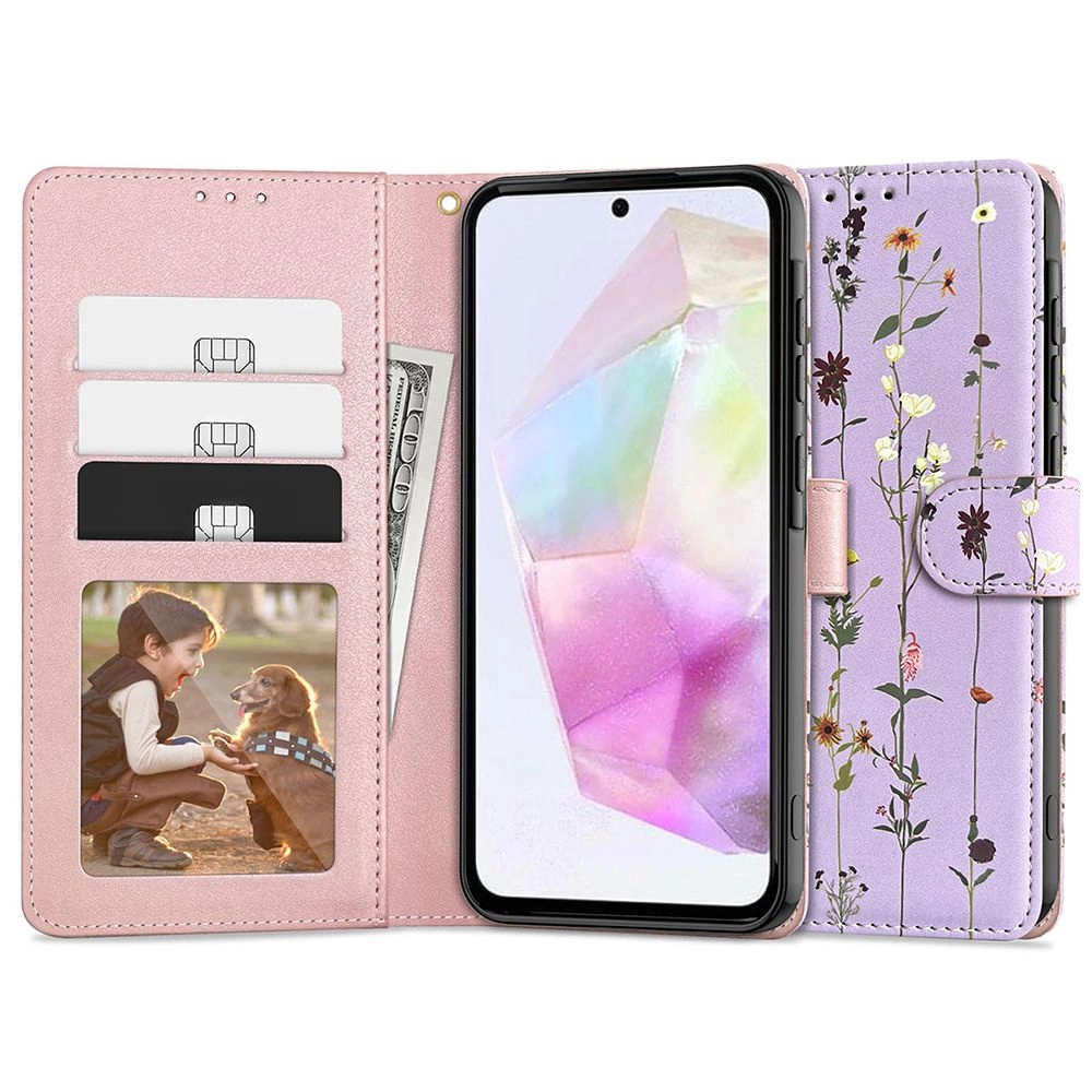 Samsung Galaxy A35 ( SM-A356E/DS ) Tech-Protect Wallet Book Case Cover, Purple Flowers | Telefona Vāciņš Maciņš...