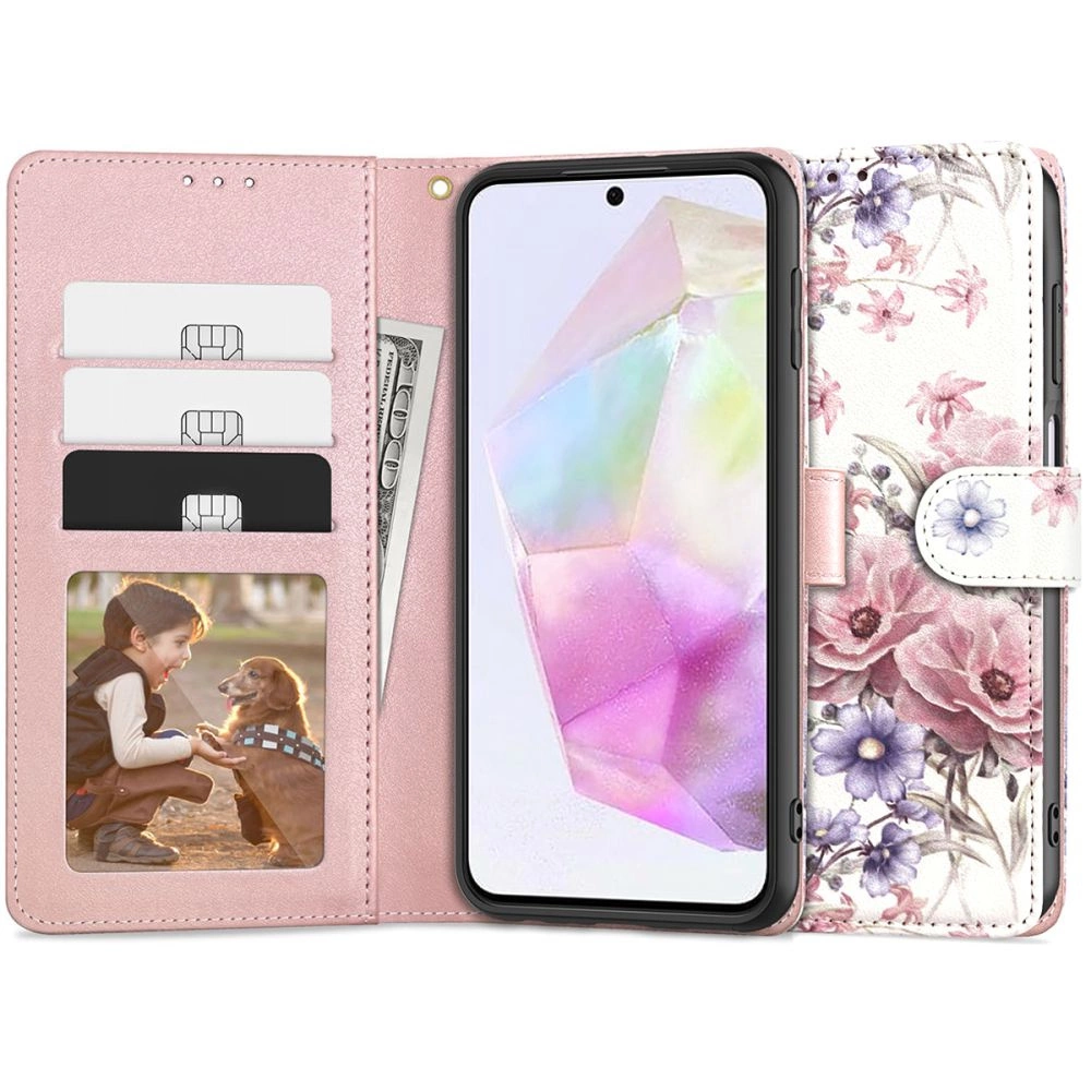 Samsung Galaxy A35 ( SM-A356E/DS ) Tech-Protect Wallet Book Case Cover, Pink Flowers | Telefona Vāciņš Maciņš...