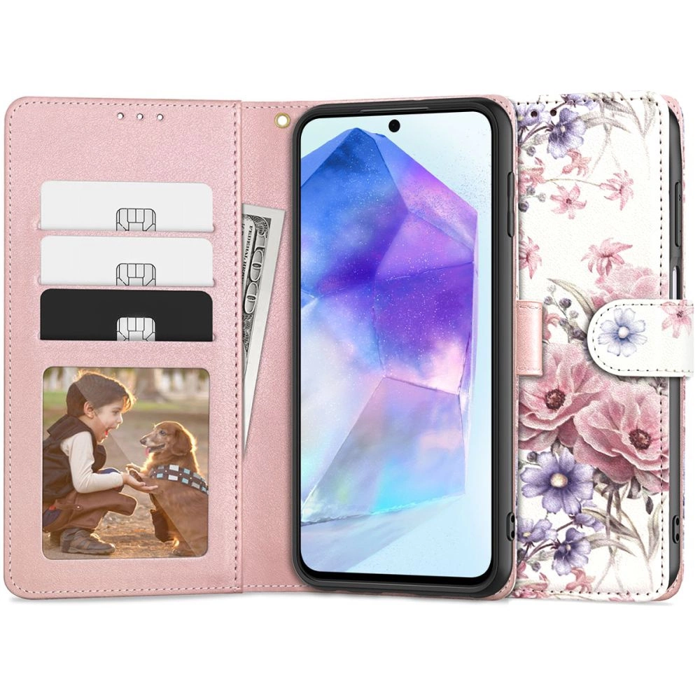 Samsung Galaxy A55 ( SM-A556B/DS ) Tech-Protect Wallet Book Case Cover, Pink Flowers | Telefona Vāciņš Maciņš...