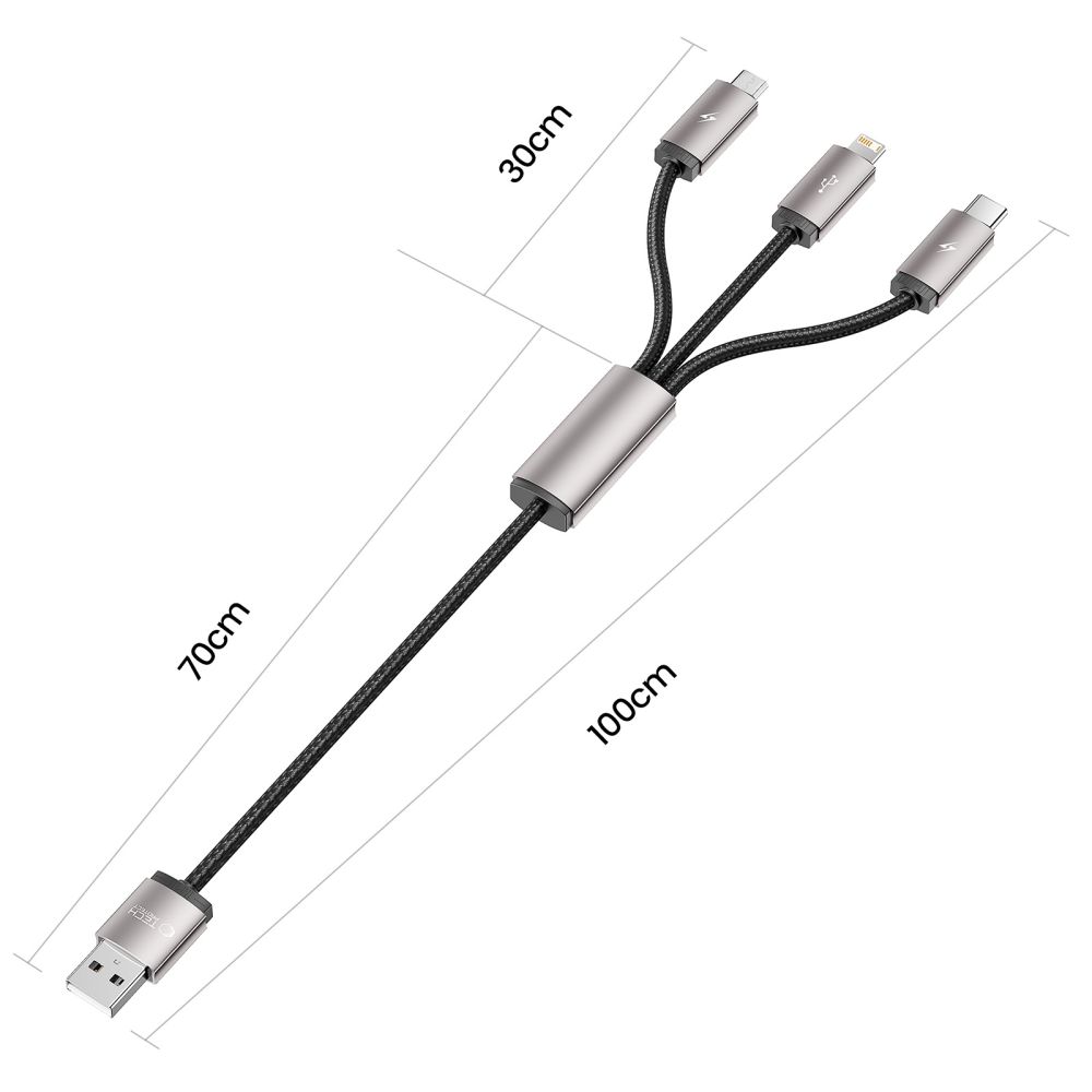 Tech-Protect UltraBoost 3in1 USB-A to Lightning / USB-C / Micro-USB Cable 1m, Gray