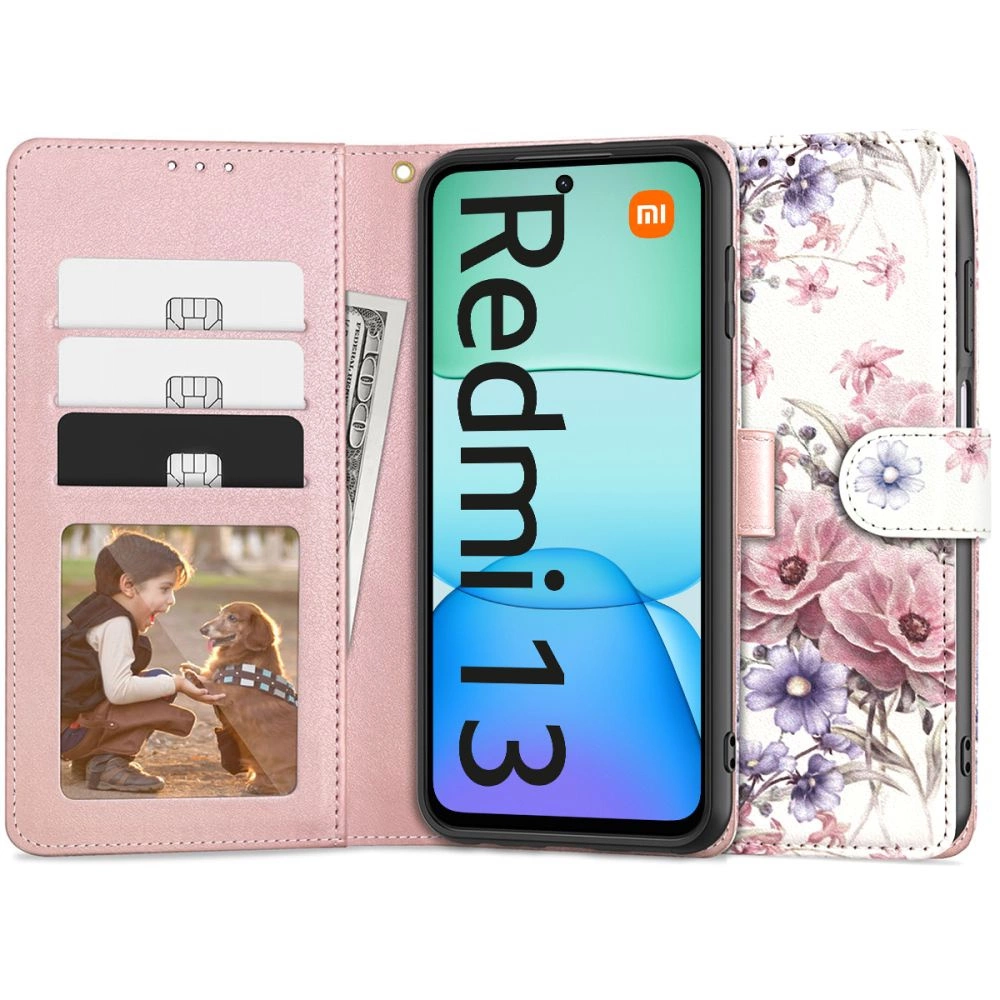 Xiaomi Redmi 13 Tech-Protect Wallet Book Case Cover, Pink Flowers