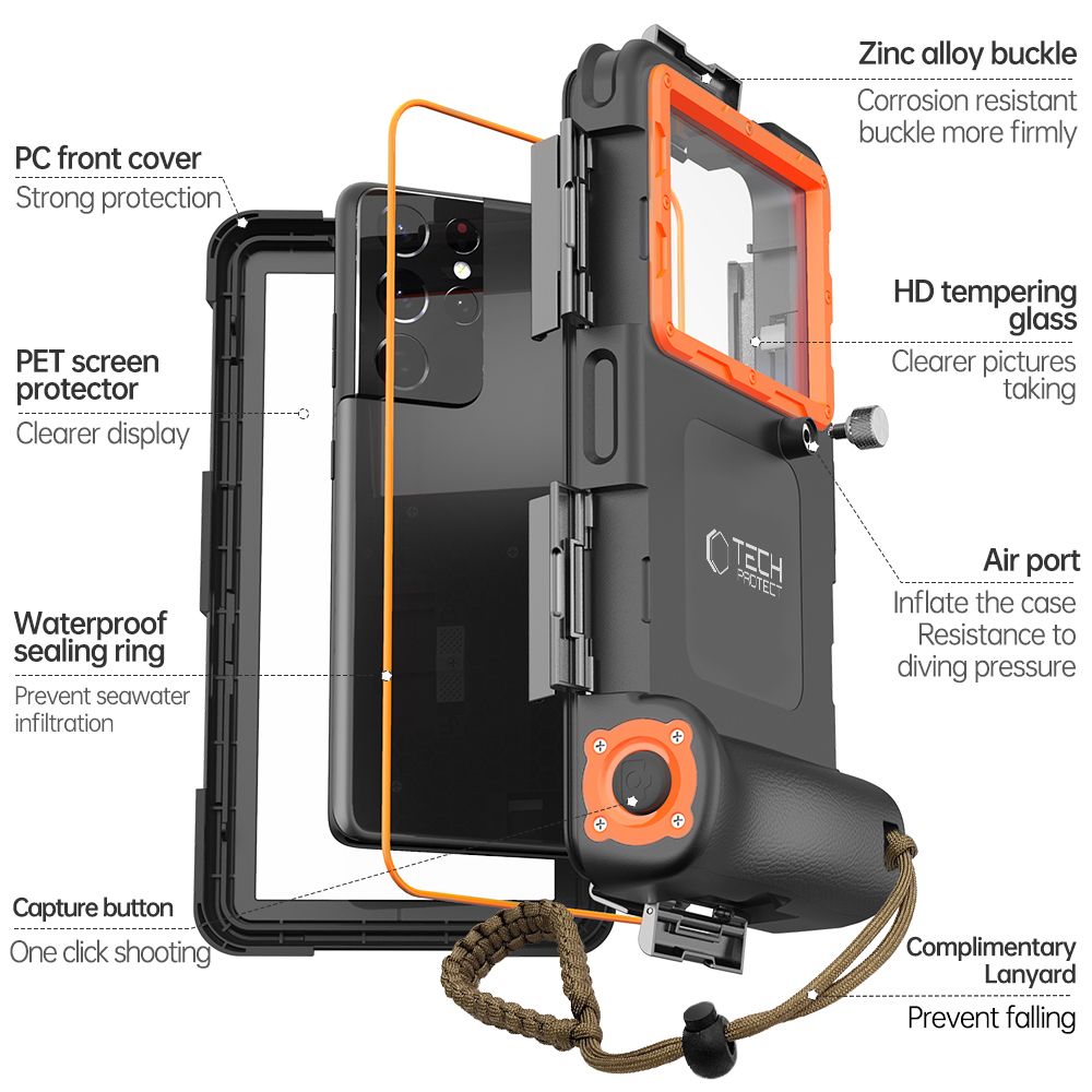 Tech-Protect IPX8 Waterproof Case for 4.7-6.7\" Smartphones, Black/Orange