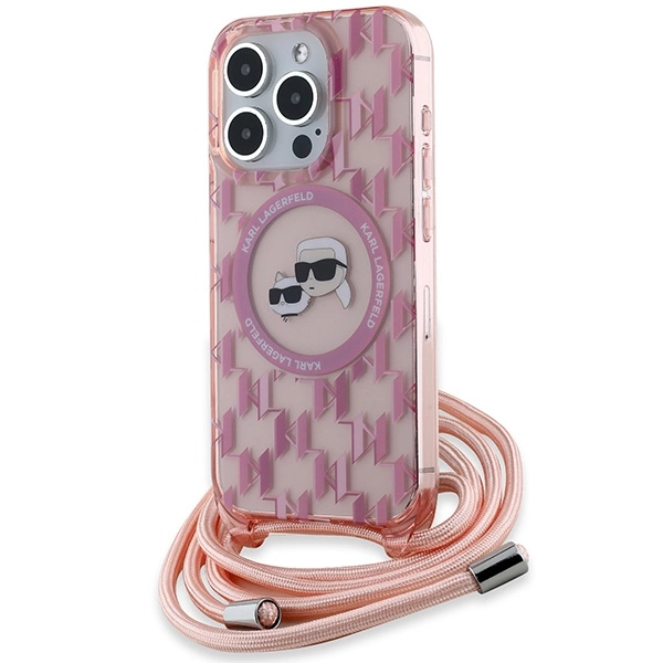 Apple iPhone 15 Pro Max 6.7'' Karl Lagerfeld IML Crossbody Monogram Karl & Choupette Head MagSafe Cover Case, Pink |...