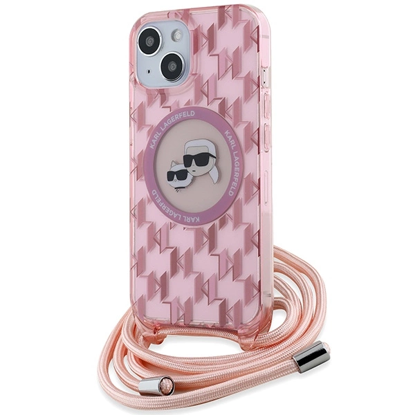Apple iPhone 15 6.1'' Karl Lagerfeld IML Crossbody Monogram Karl & Choupette Head MagSafe Cover Case, Pink | Чехол...