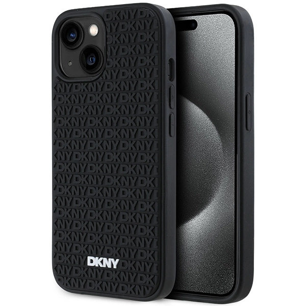 DKNY iPhone 15 Plus vāciņš 3D Rubber Repeat Pattern, melns