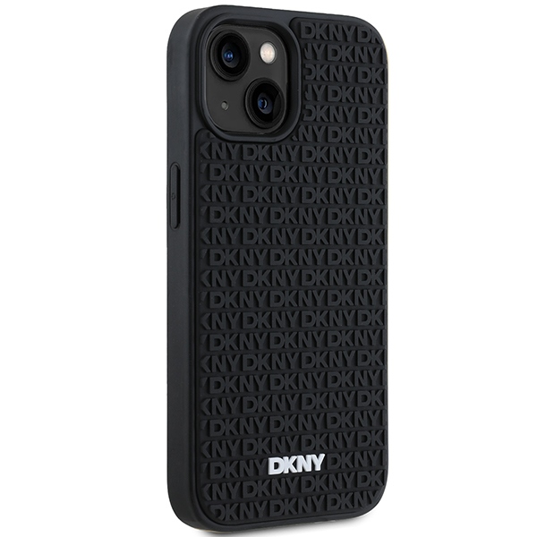 DKNY iPhone 15 Plus vāciņš 3D Rubber Repeat Pattern, melns