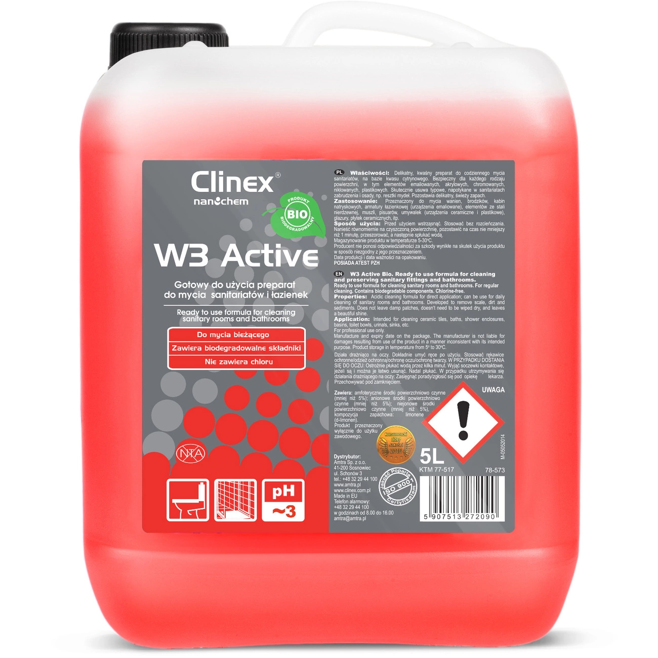 Liquid agent for cleaning toilets and bathrooms based on citric acid CLINEX W3 Active BIO 5L