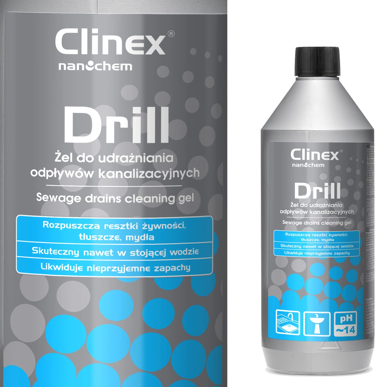 Gēla līdzeklis izlietņu un kanalizācijas cauruļu aizbēršanai CLINEX Drill 1L | Gel agent for unclogging sinks...
