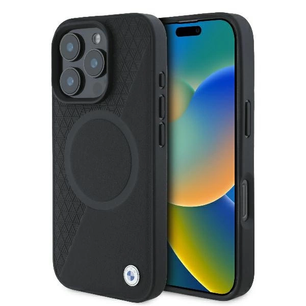 BMW Signature Leather Half Textured & Circle MagSafe apvalks iPhone 16 Pro - melns | Case for black