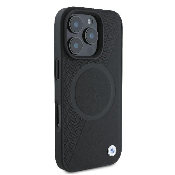 BMW iPhone 16 Pro vāciņš Signature Leather Half Textured MagSafe, melns