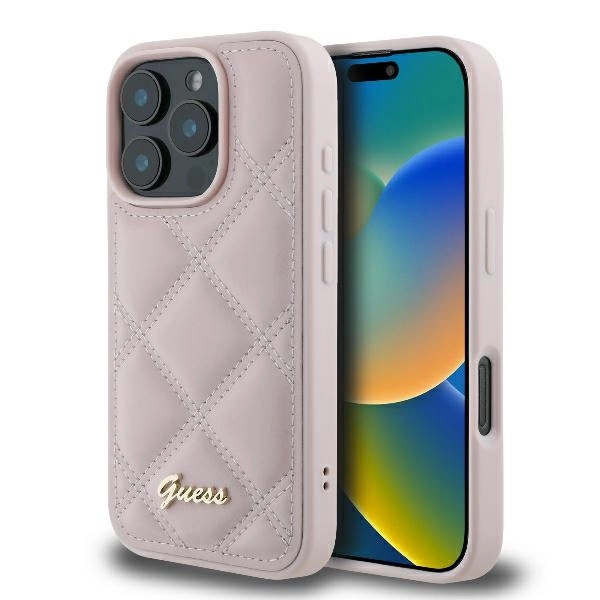 Guess stepēts metāla vāģis ar logotipu iPhone 16 Pro - rozā krāsā | Quilted Metal Logo Case for pink