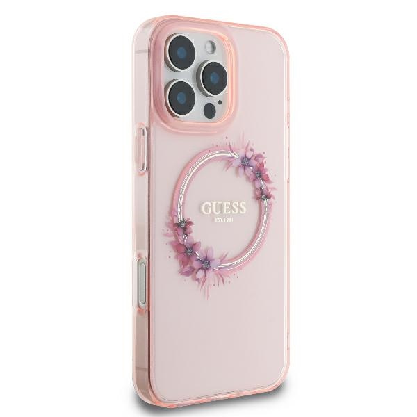 Guess IML Flowers Wreath MagSafe case for iPhone 16 Pro - pink