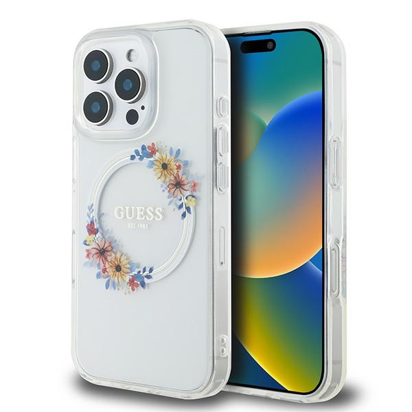 Guess iPhone 16 Pro Case IML Flowers Wreath MagSafe, Clear