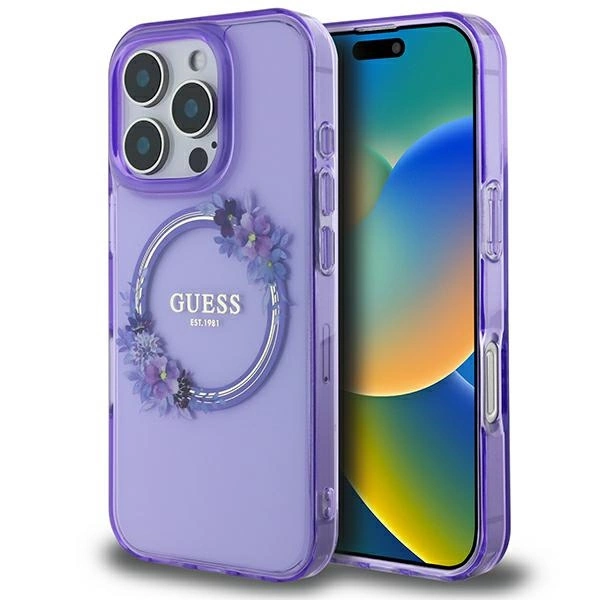 Guess IML Flowers Wreath MagSafe futrālis iPhone 16 Pro - violets | case for purple