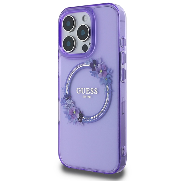 Guess IML Flowers Wreath MagSafe case for iPhone 16 Pro - purple