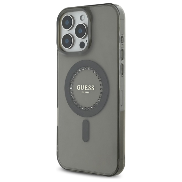 Guess iPhone 16 Pro vāciņš IML Rhinestones MagSafe, melns