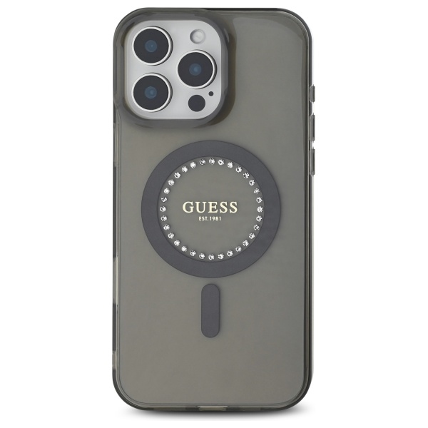 Guess iPhone 16 Pro vāciņš IML Rhinestones MagSafe, melns