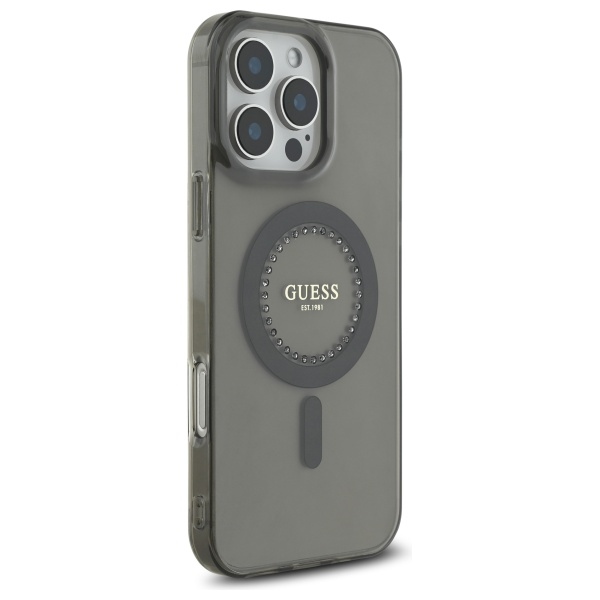 Guess iPhone 16 Pro vāciņš IML Rhinestones MagSafe, melns
