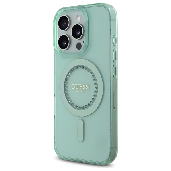 Guess iPhone 16 Pro vāciņš IML Rhinestones MagSafe, zaļš