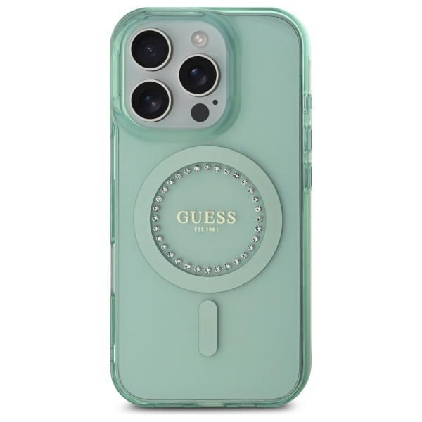Guess iPhone 16 Pro vāciņš IML Rhinestones MagSafe, zaļš