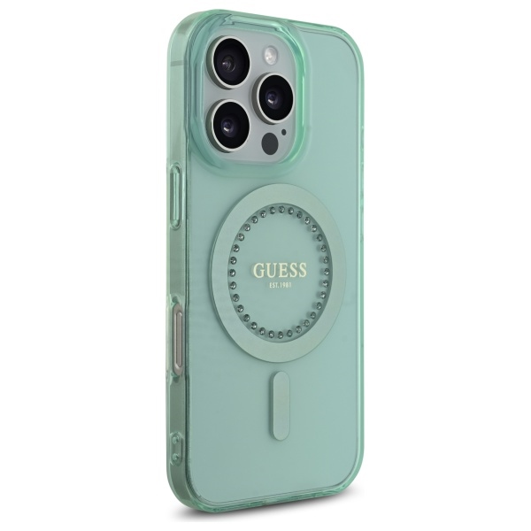 Guess iPhone 16 Pro vāciņš IML Rhinestones MagSafe, zaļš