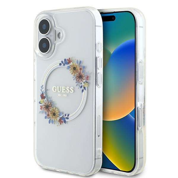 Guess iPhone 16 vāciņš IML Flowers Wreath MagSafe, caurspīdīgs