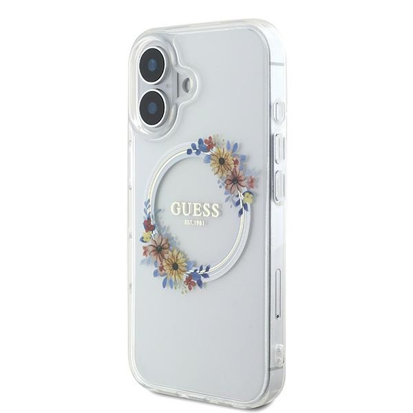 Guess iPhone 16 Case IML Flowers Wreath MagSafe, Transparent