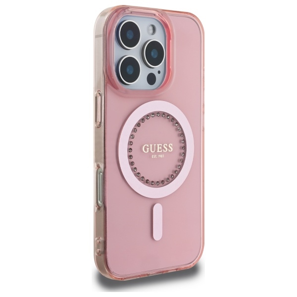 Guess iPhone 16 Pro Max vāciņš IML Rhinestones MagSafe, rozā