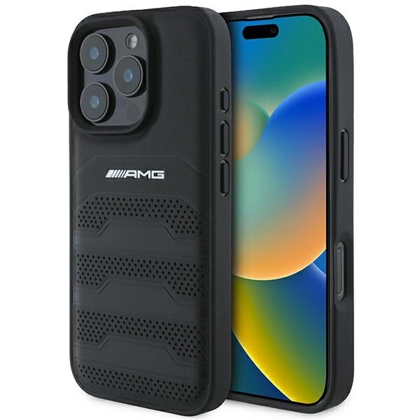 AMG ādas futrālis ar reljefiem un melnu logotipu iPhone 16 Pro - melns | Leather Debossed Lines Black Logo Case for