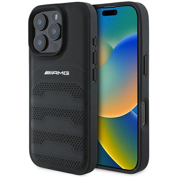 AMG ādas futrālis ar reljefām un melnu logotipu iPhone 16 Pro Max - melns | Leather Debossed Lines Black Logo Case...