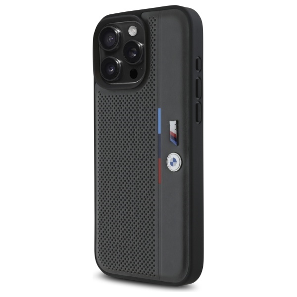 BMW iPhone 16 Pro vāciņš M Perforated Tricolor Detail Line, tumši pelēks