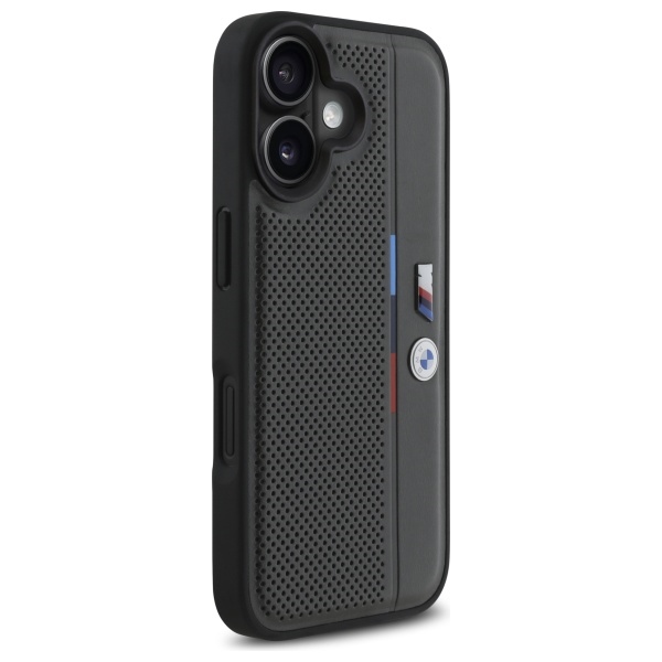 BMW iPhone 16 vāciņš M Perforated Tricolor Detail Line, tumši pelēks