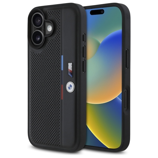 BMW iPhone 16 vāciņš M Perforated Tricolor Detail Line, melns