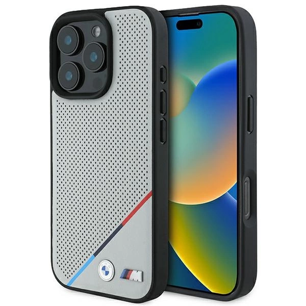 BMW M perforēts trīskrāsainas līnijas MagSafe futrālis iPhone 16 Pro - pelēks | Perforated Tricolor Line Case for...