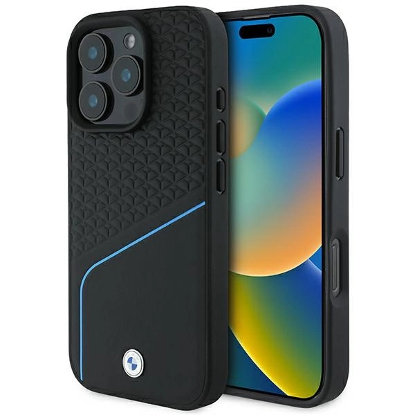 BMW Signature Leather Textured & Line MagSafe futrālis iPhone 16 Pro - melns | Case for black